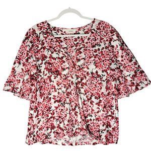 Milano Floral Faux Wrap Flutter Sleeve Blouse Sz L Cherry Blossoms Pink Red